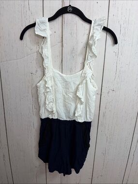 Anthropologie White and Navy Ruffled Sleeveless Romper